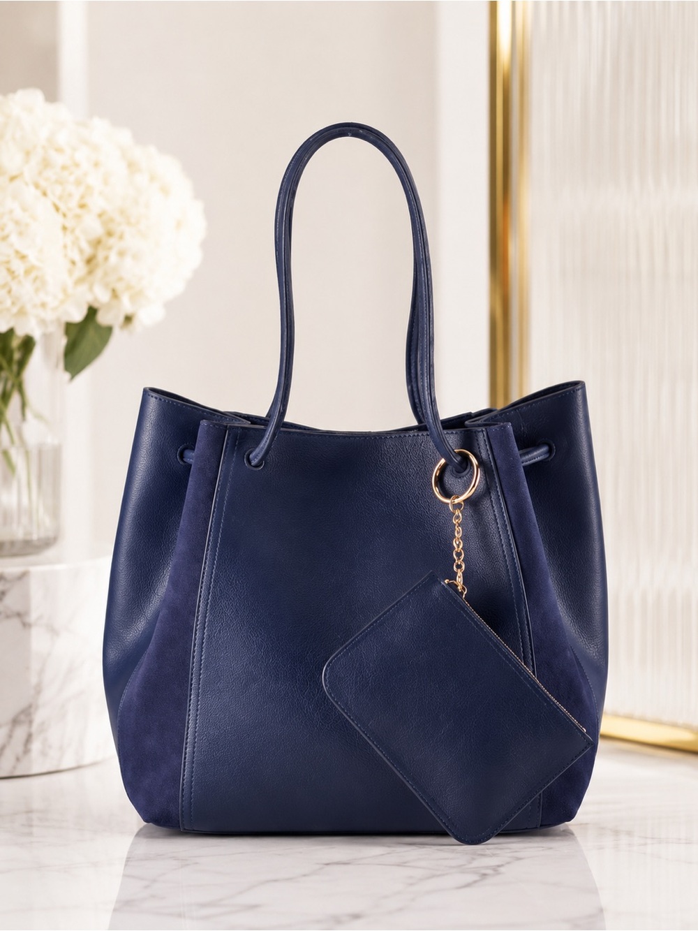 LC Lauren Conrad Navy Blue Drawstring Tote Bag w/ Matching Pouch Everyday NWT